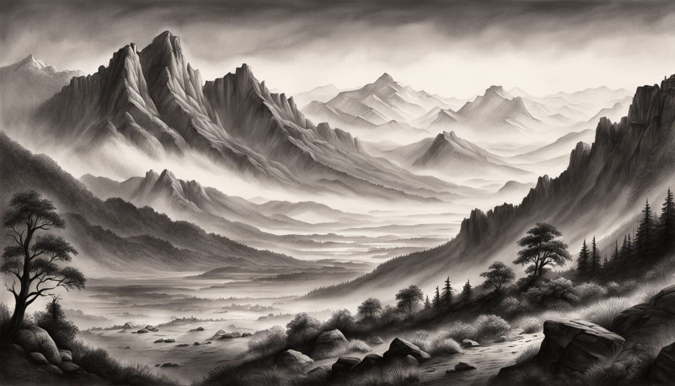 Mountain Valley Landscape in Pencil Sketch Style