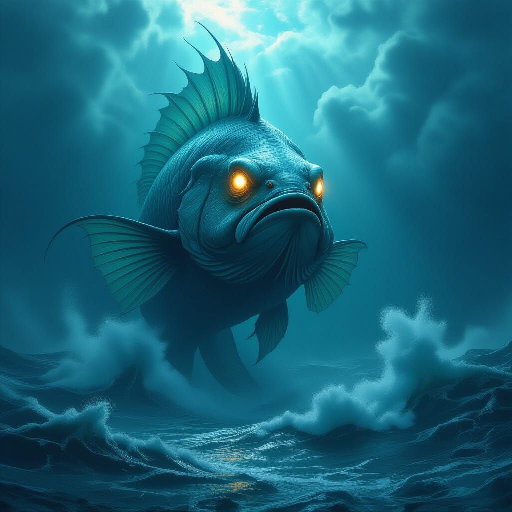 Colossal Magical Fish Rises from Stormy Sea