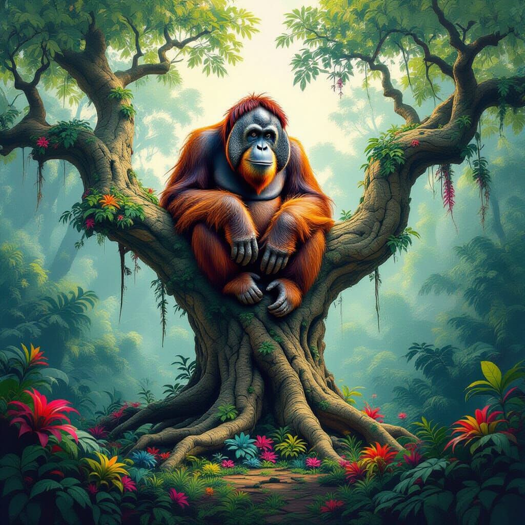 Hyperrealistic Orangutan on Ancient Tree in Dreamlike Jungle