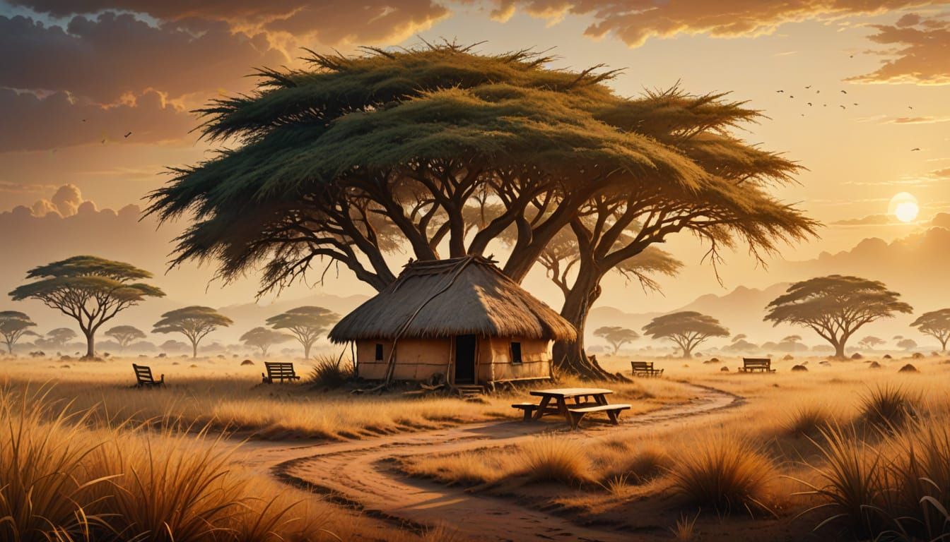 African Savannah Hut at Misty Dawn: Digital Painting
