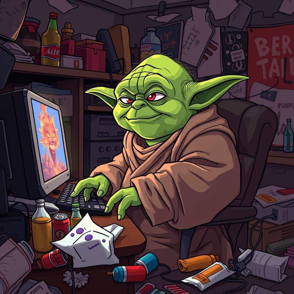Jedi Master's Epic Gaming Session in a Faded Apartment