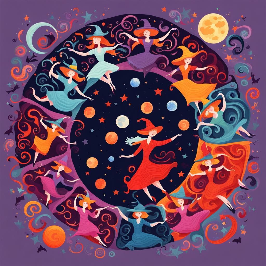 Witches Dancing Under the Moon in Gouache Style