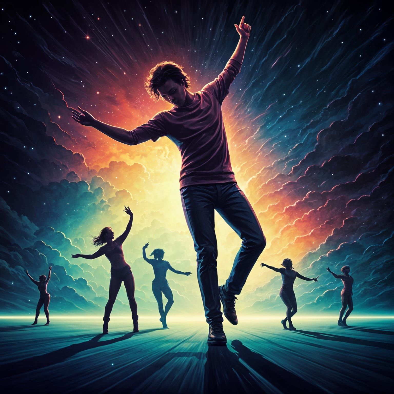 Dancing Silhouettes in Neon Space: Pop Art Style