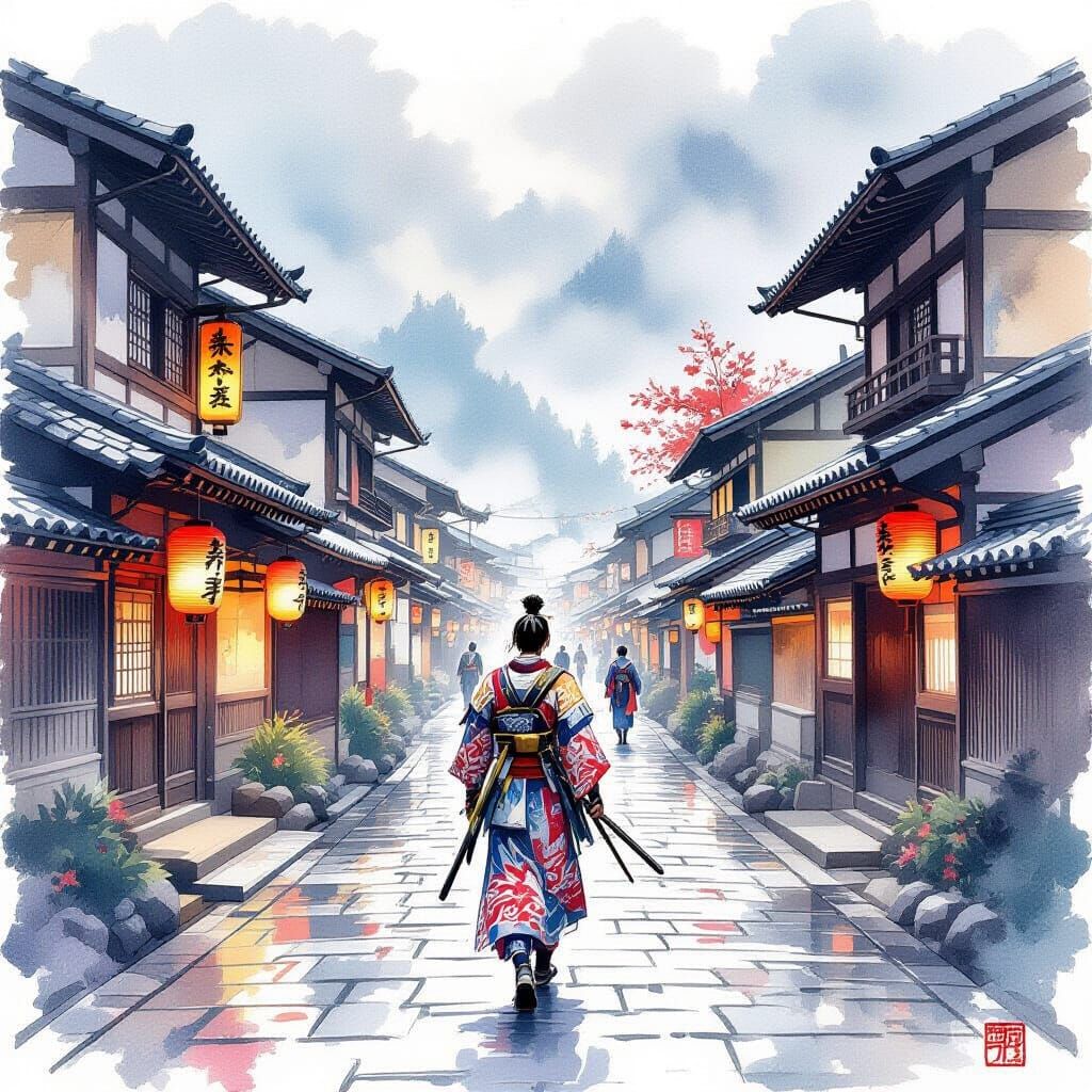 Samurai in Ancient Village: Cinematic Watercolor Art