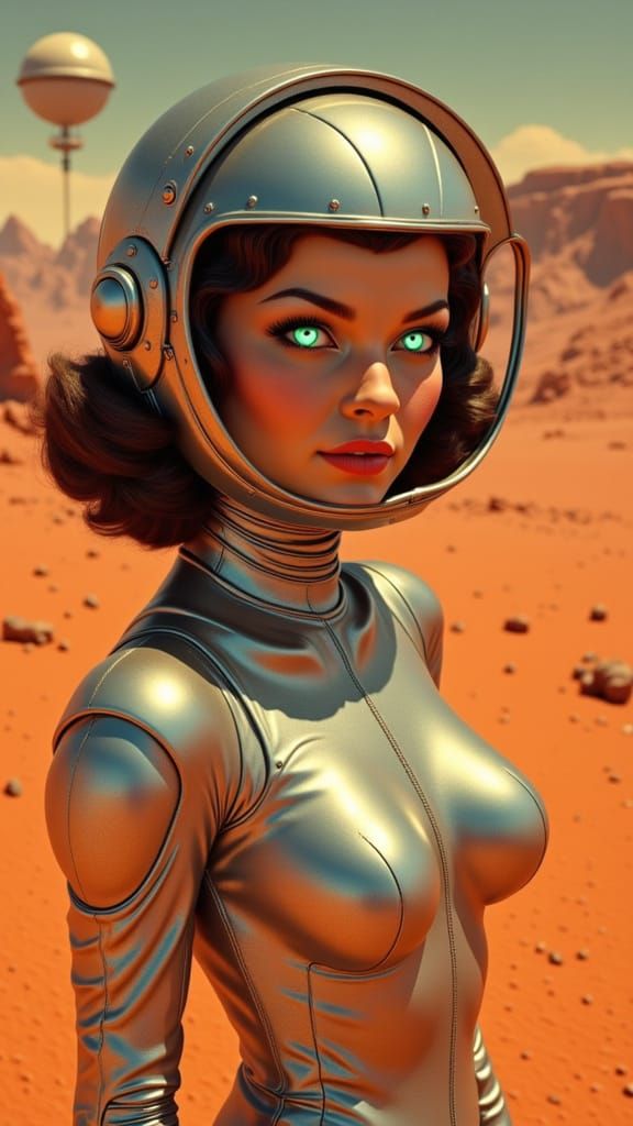 Robotic Pin-Up Girl on Mars in Vintage Futurism Style