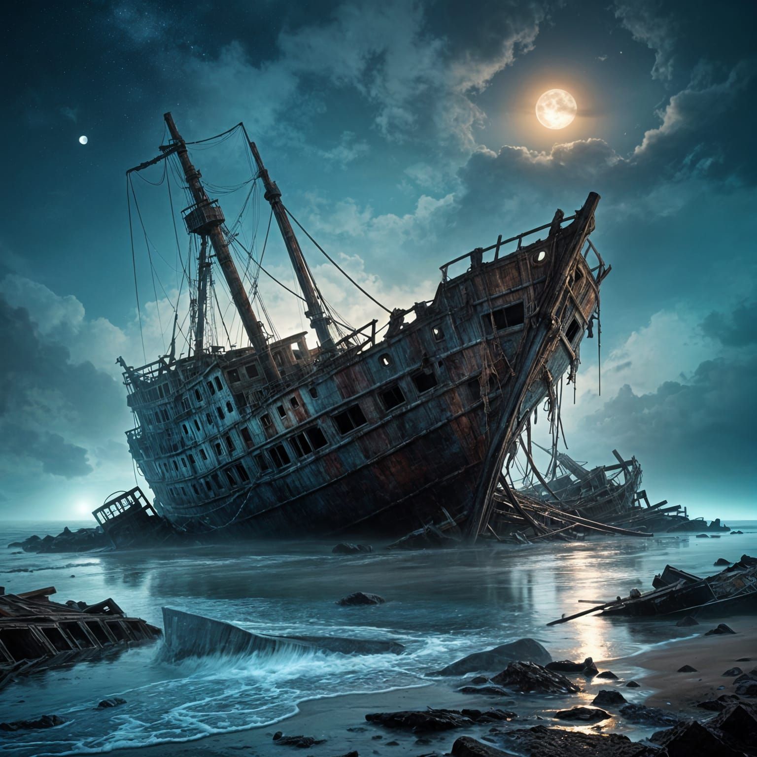 Surreal Moonlit Shipwreck on a Haunted Shore