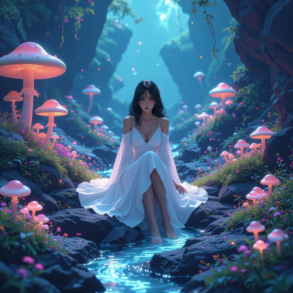 Mystical Psychedelic Landscape with Blooming Mushrooms in 3D...