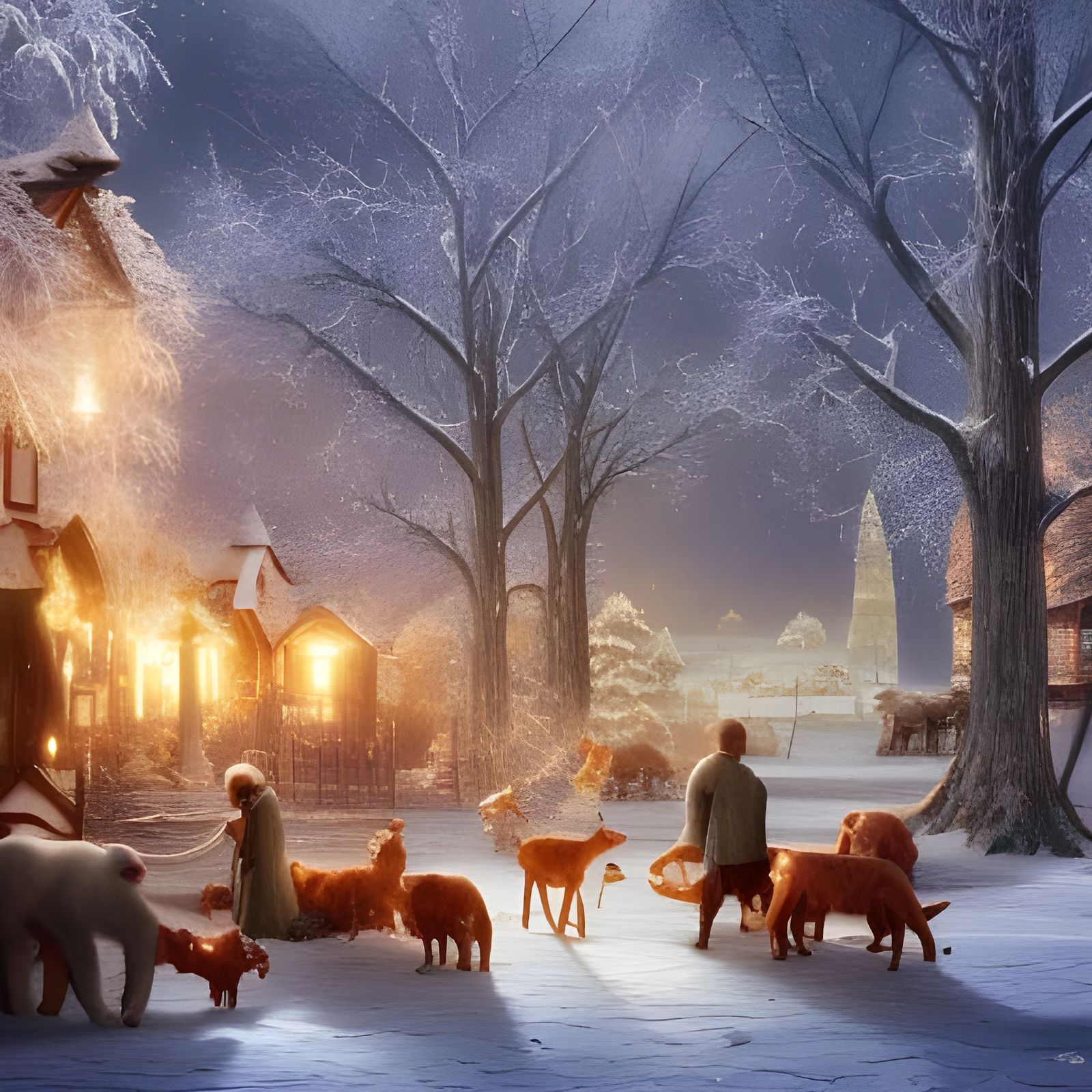 Snowy Christmas Village Watched by Forest Animals