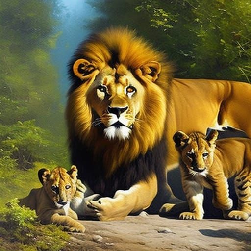 Lion and cubs in the forest