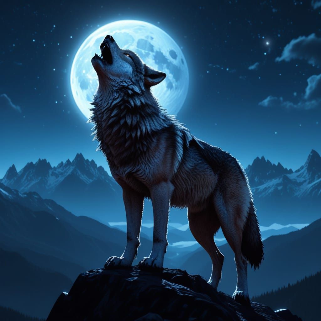 Wolf Howling on Mountain Under Celestial Sphere