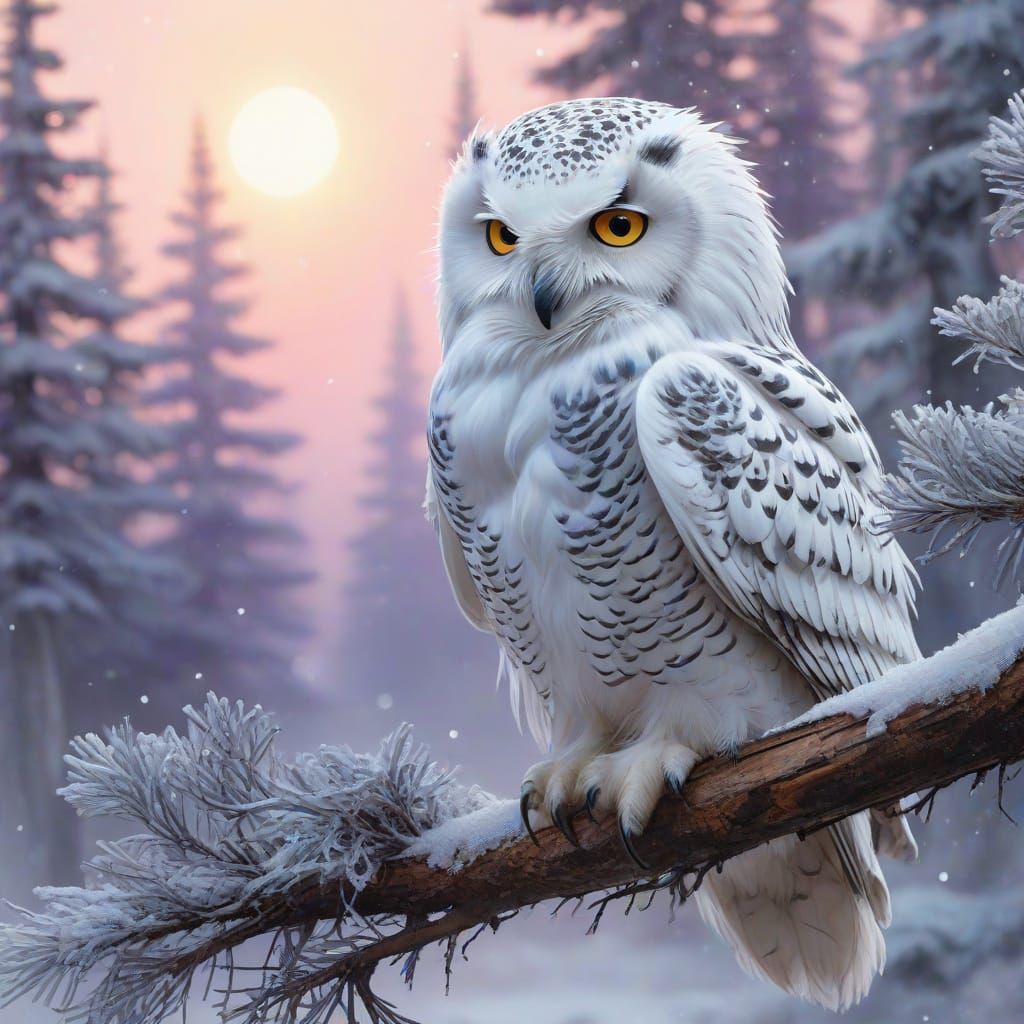 Snowy Owl in Winter Twilight: Watercolor Painting