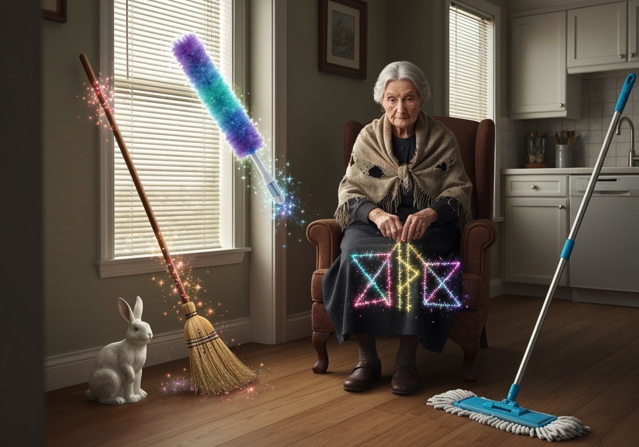 Witch Uses Magic to Clean House with Broom and Mop
