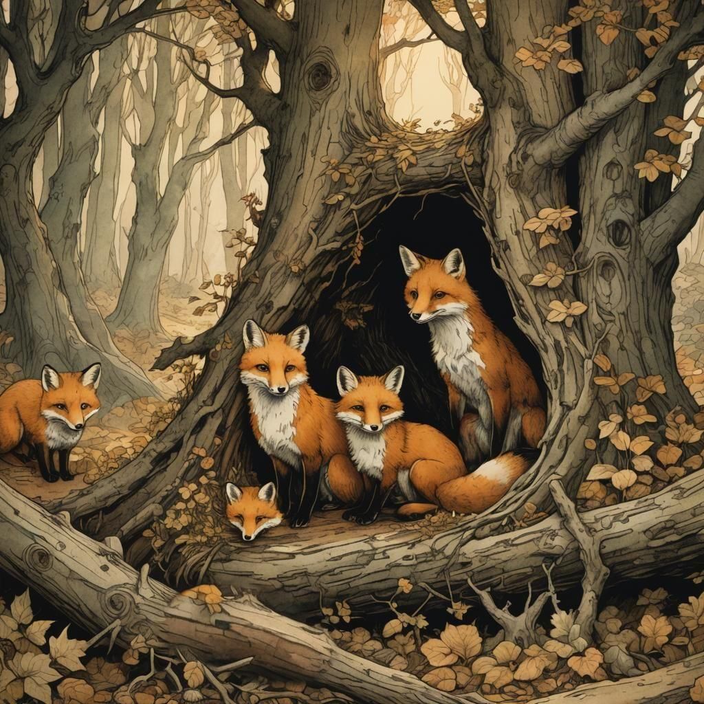 Fox Family Sheltered in Hollow Log