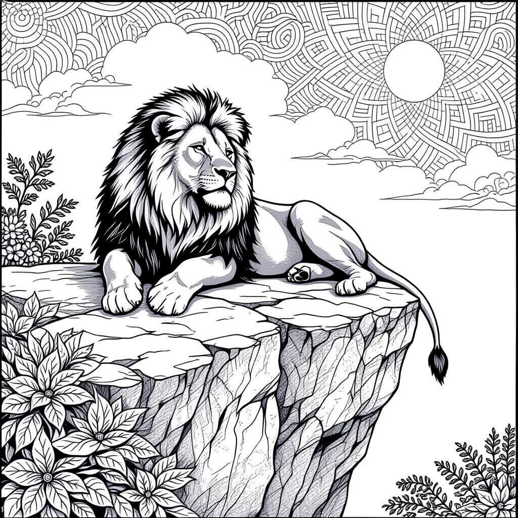 Regal Lion Resting on Cliff in Zentangle Style