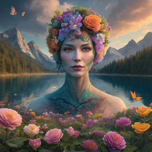 Surreal Flower Face at Mountain Lake: HDRI Photograph