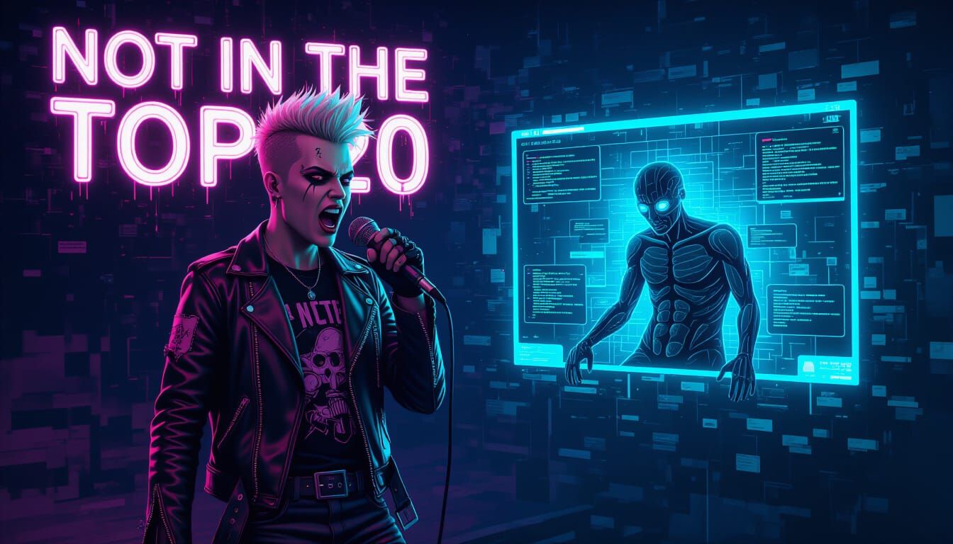 Punk Rock Singer in Digital Glitch Art Landscape