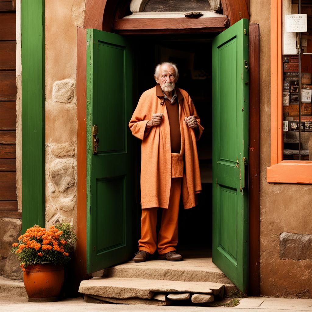 Old Man at Inn Doorway with Stone and Wood