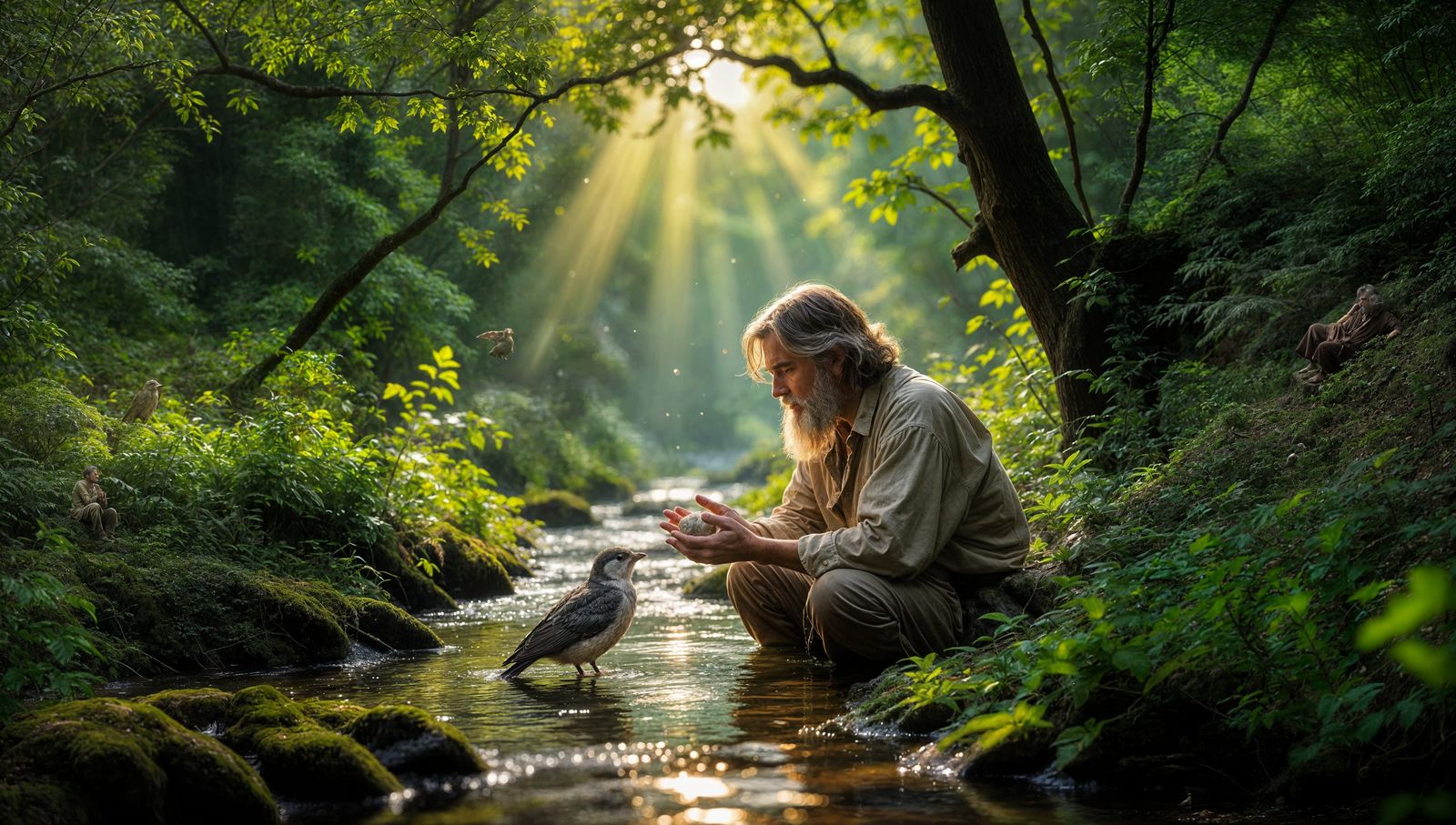 Man Cares for Bird in Sunlit Forest Stream
