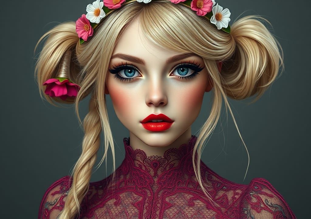 Blonde Pigtails Woman with Smokey Eyes and Flowers