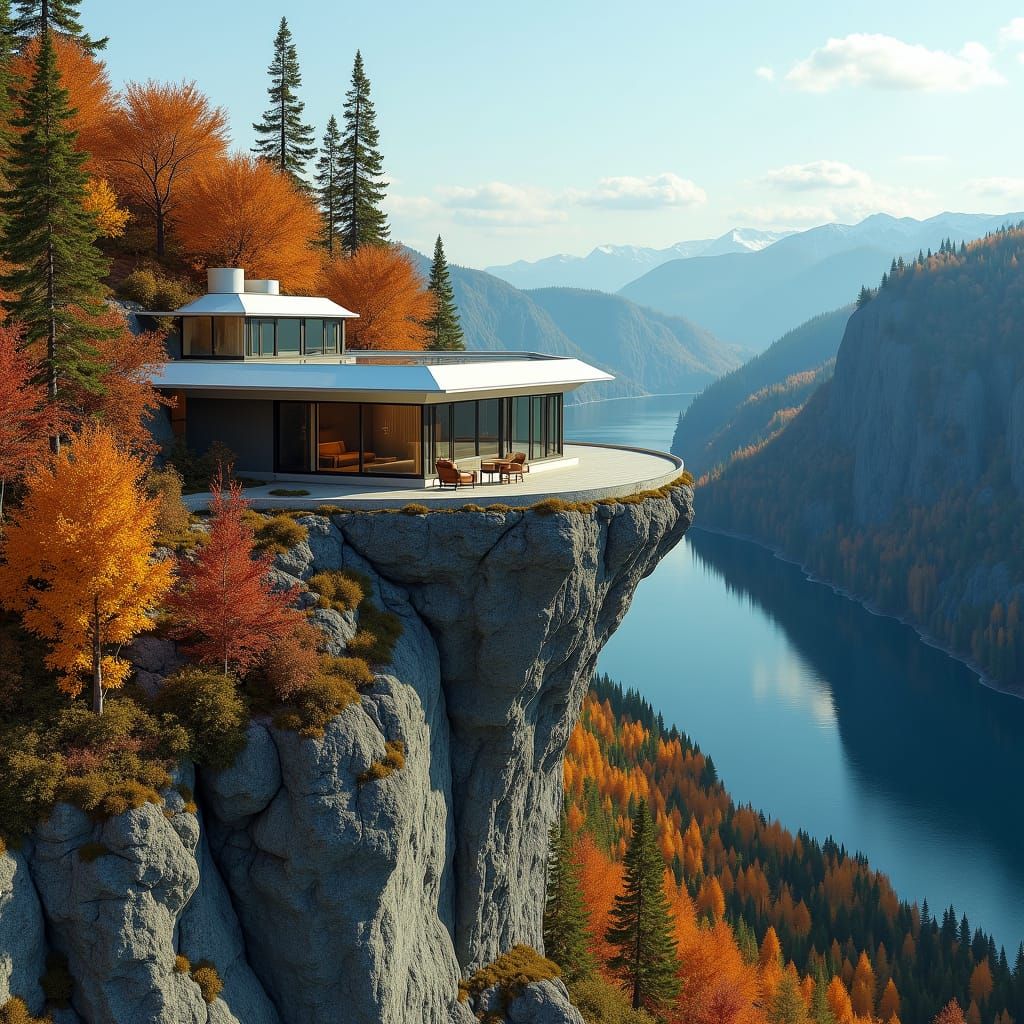 Retro-Futuristic Cliffside Home in Autumn Landscape