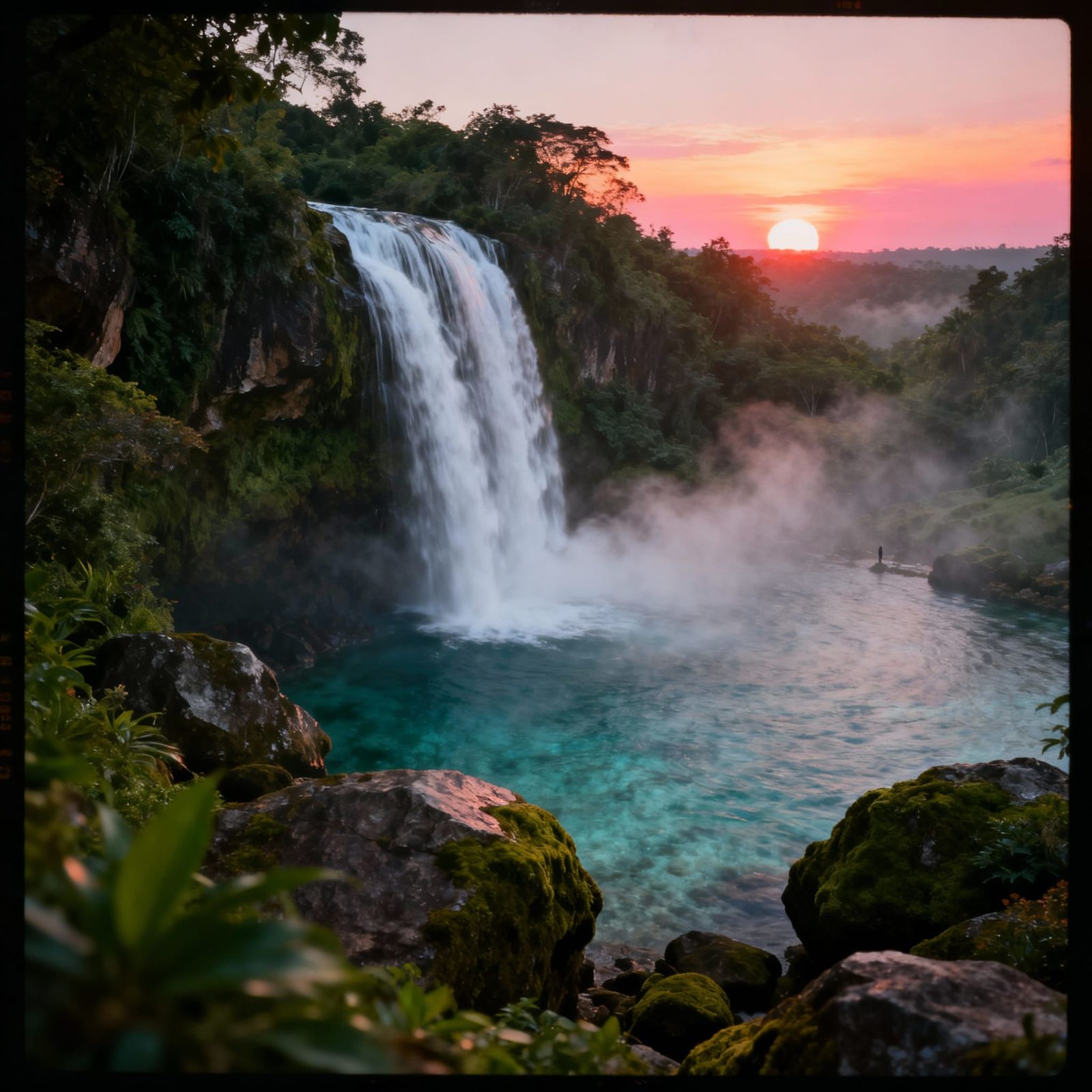 Epic Waterfall at Sunset with Lush Greenery