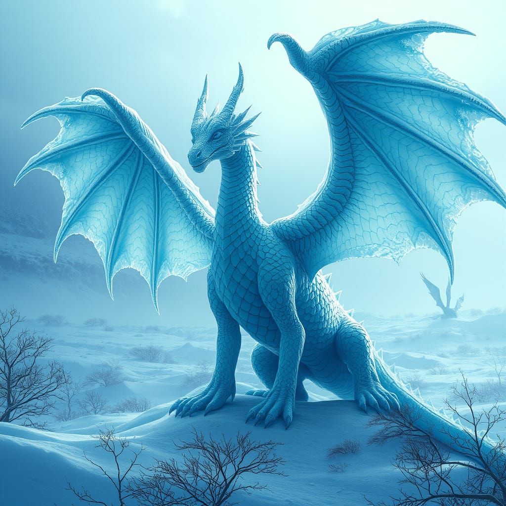 Majestic Ice Dragon Over Frozen Tundra