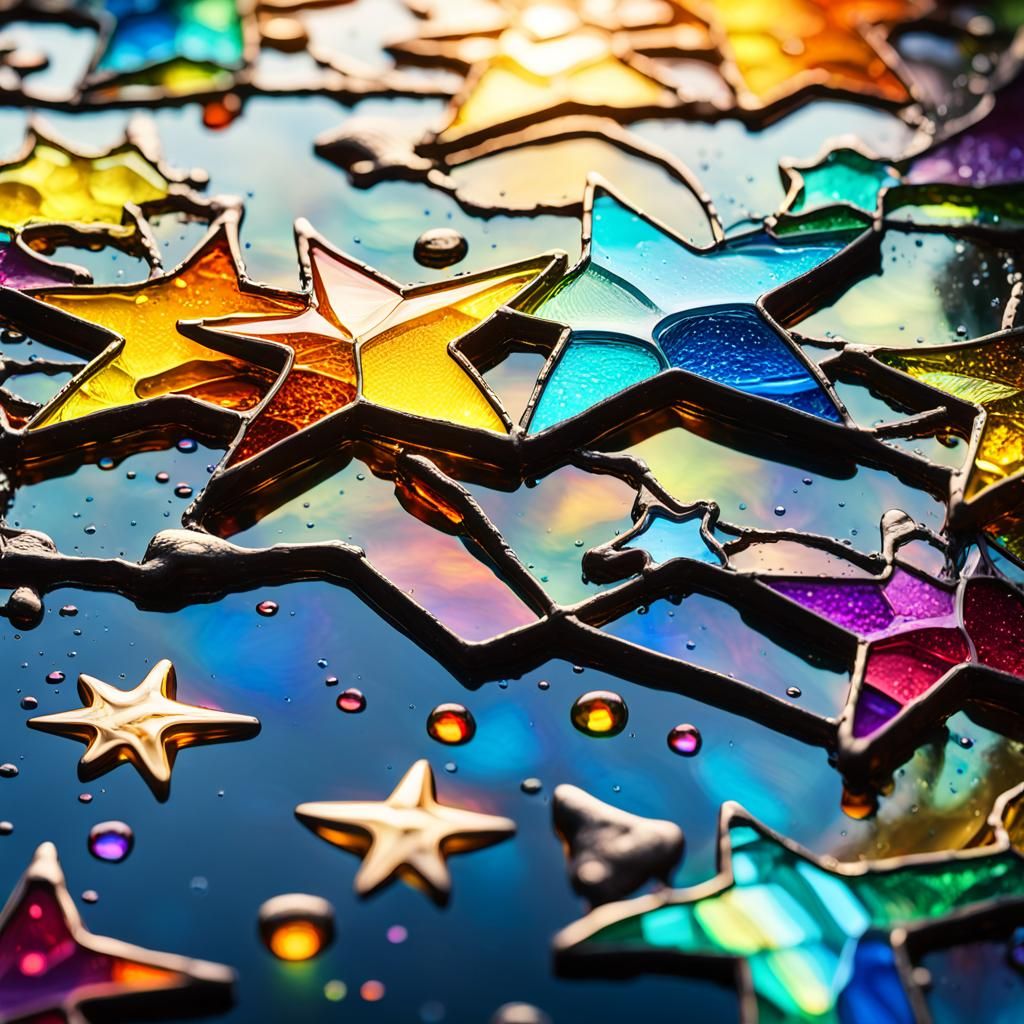 Colorful Stained Glass Star in Water: Macro Photography