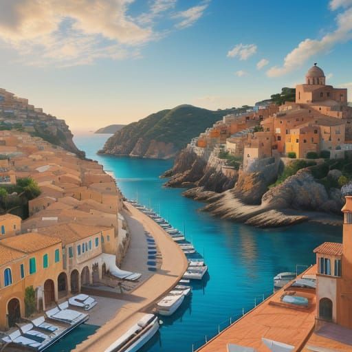 Seaside Village: Vibrant Oil Painting in Warm Sunlight