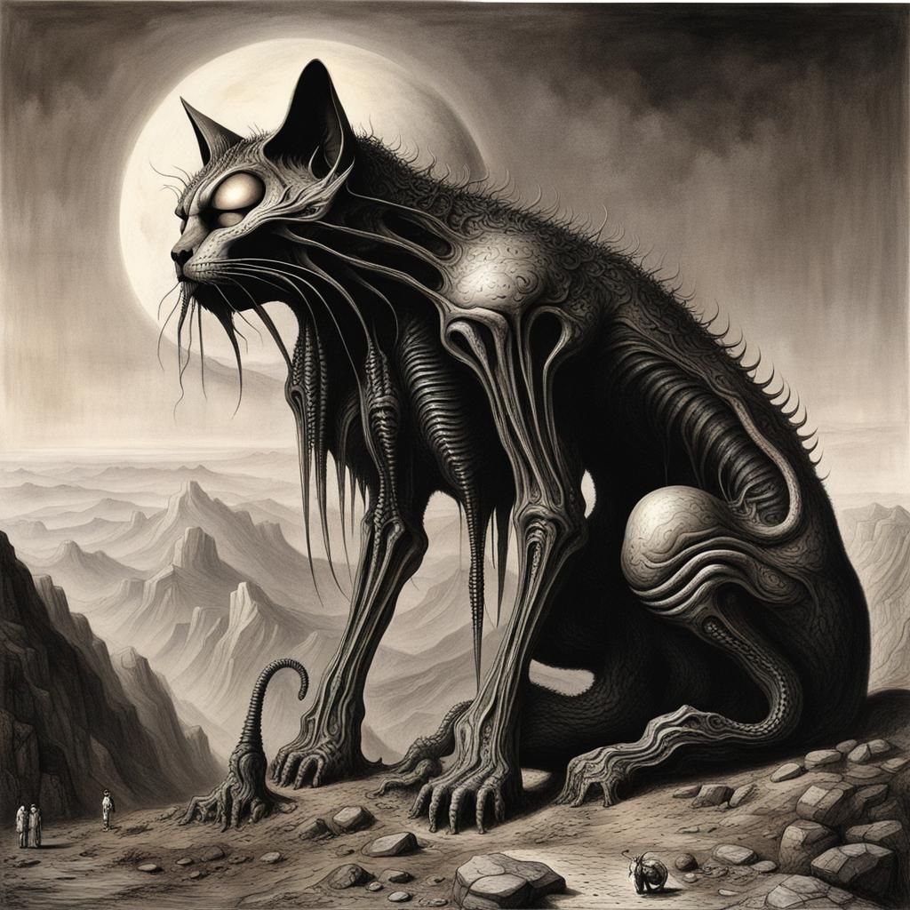 Gigantic Giger-esque Kitty Worshipped on Mountain