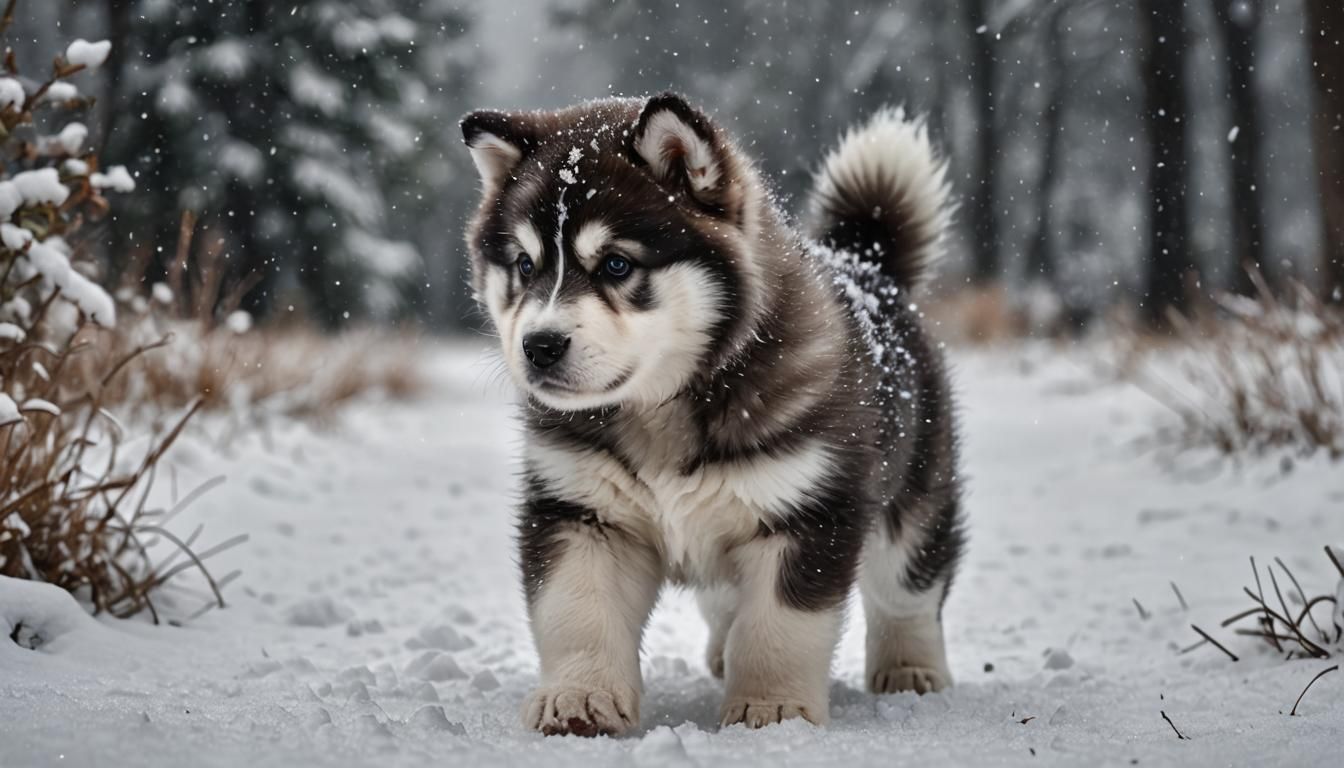 Fluffy Malamute Puppy Experiences Snowfall