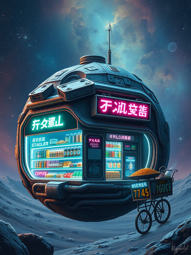 Floating Convenience Store Amidst Space Nebula