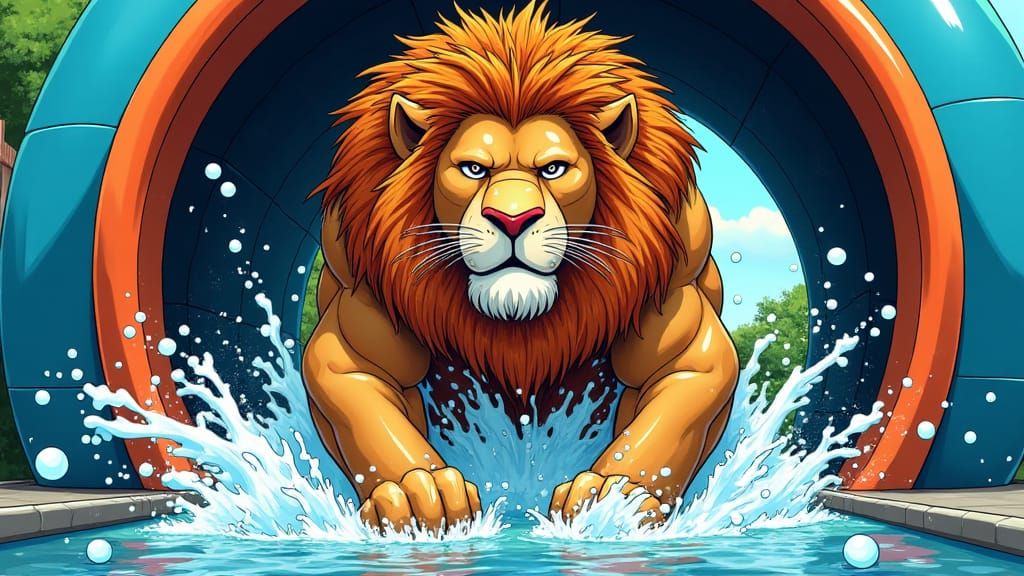 Lion Emerges from Car Wash: Comic Strip Style