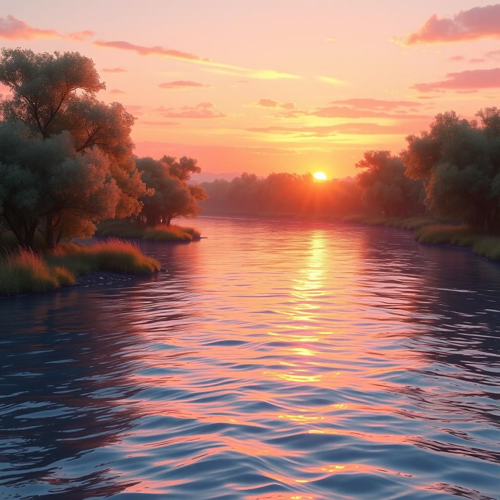 Sunset Reflections on a Riverbank in 3D Style