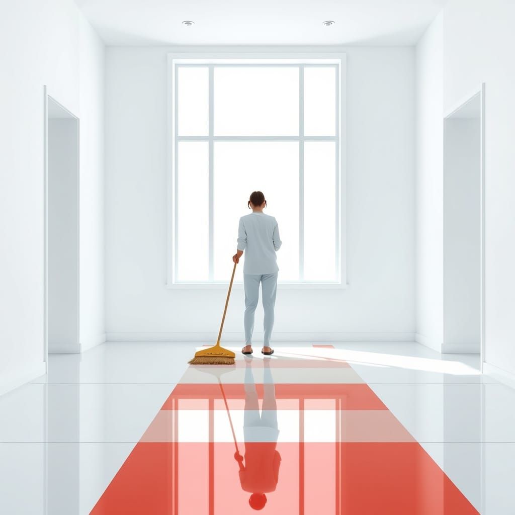 Person Sweeping in Mondrian Style, Clean Room