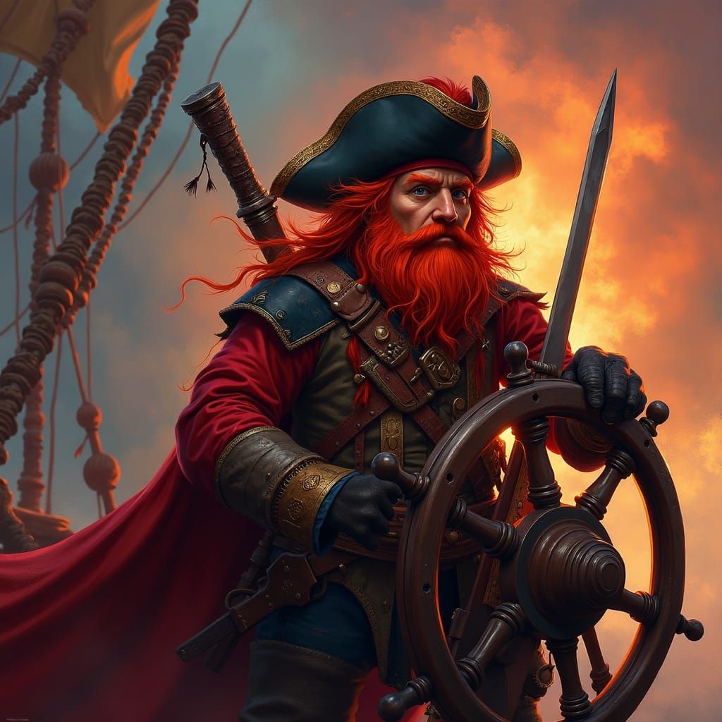 Red-Haired Dwarf Pirate Captain at Ship Helm