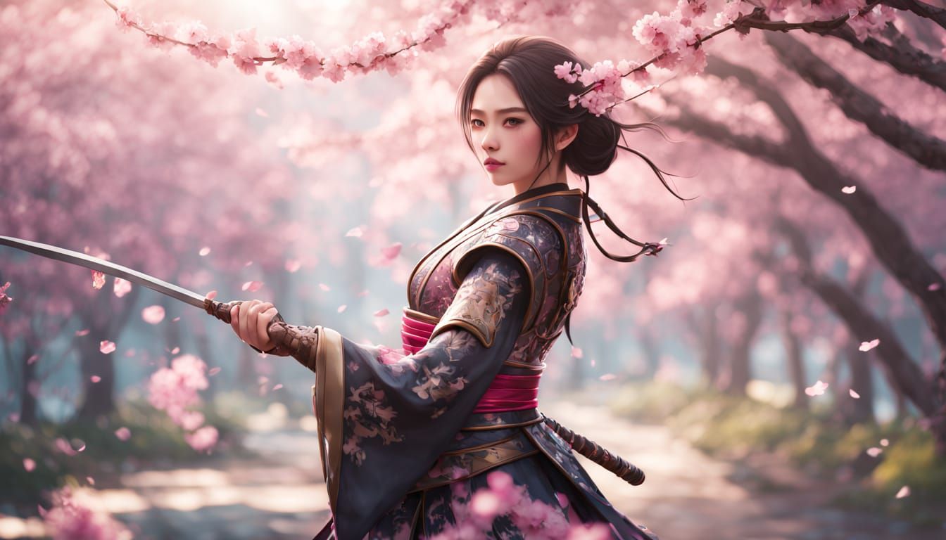Ethereal Samurai Maiden Amidst Cherry Blossoms