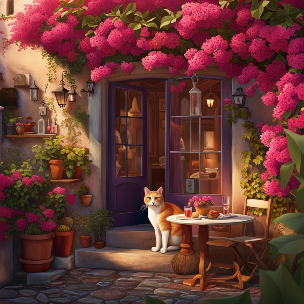 Charming Italian Trattoria with Bougainvillea in Morning Lig...