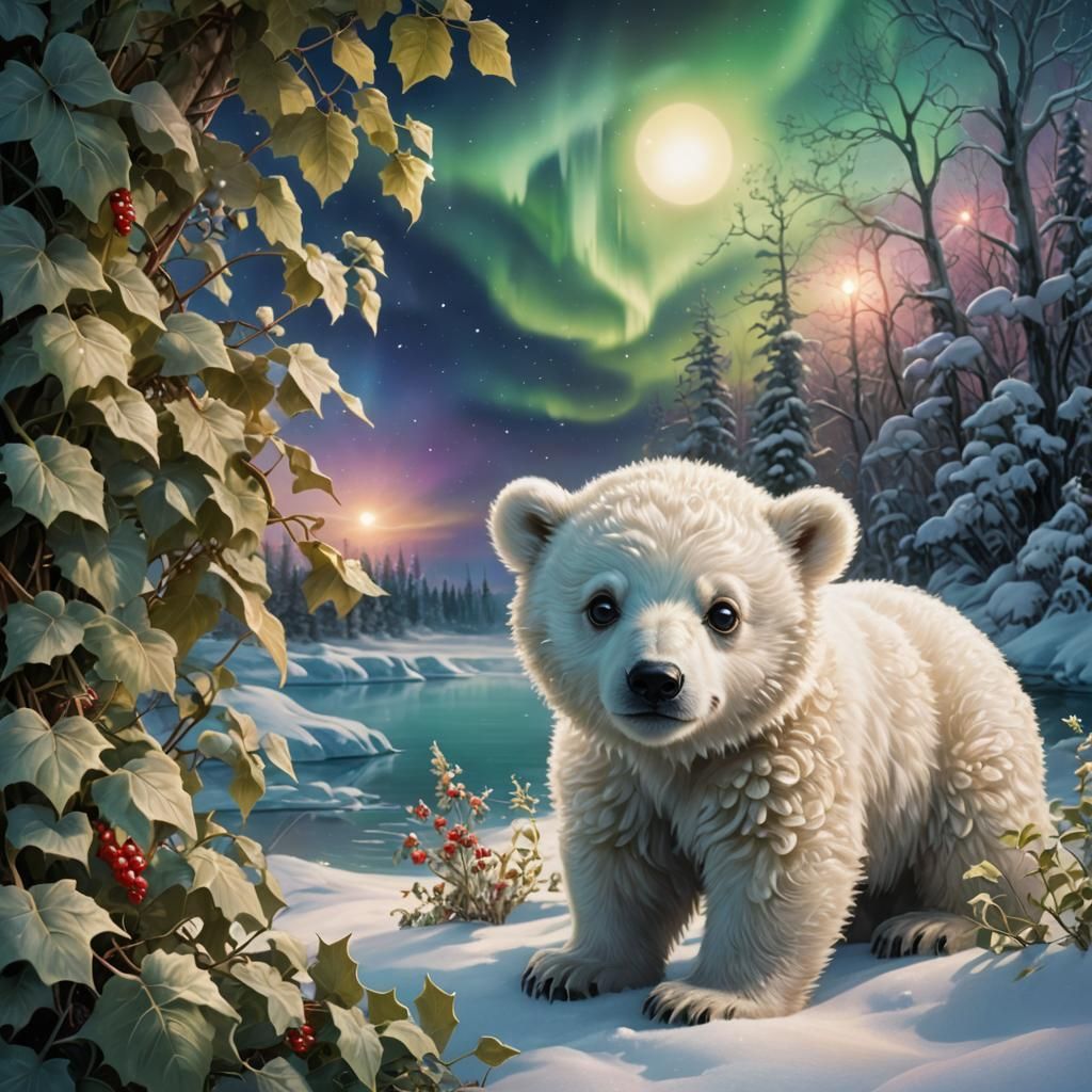 Cute Polar Bear Cub in Winter Wonderland