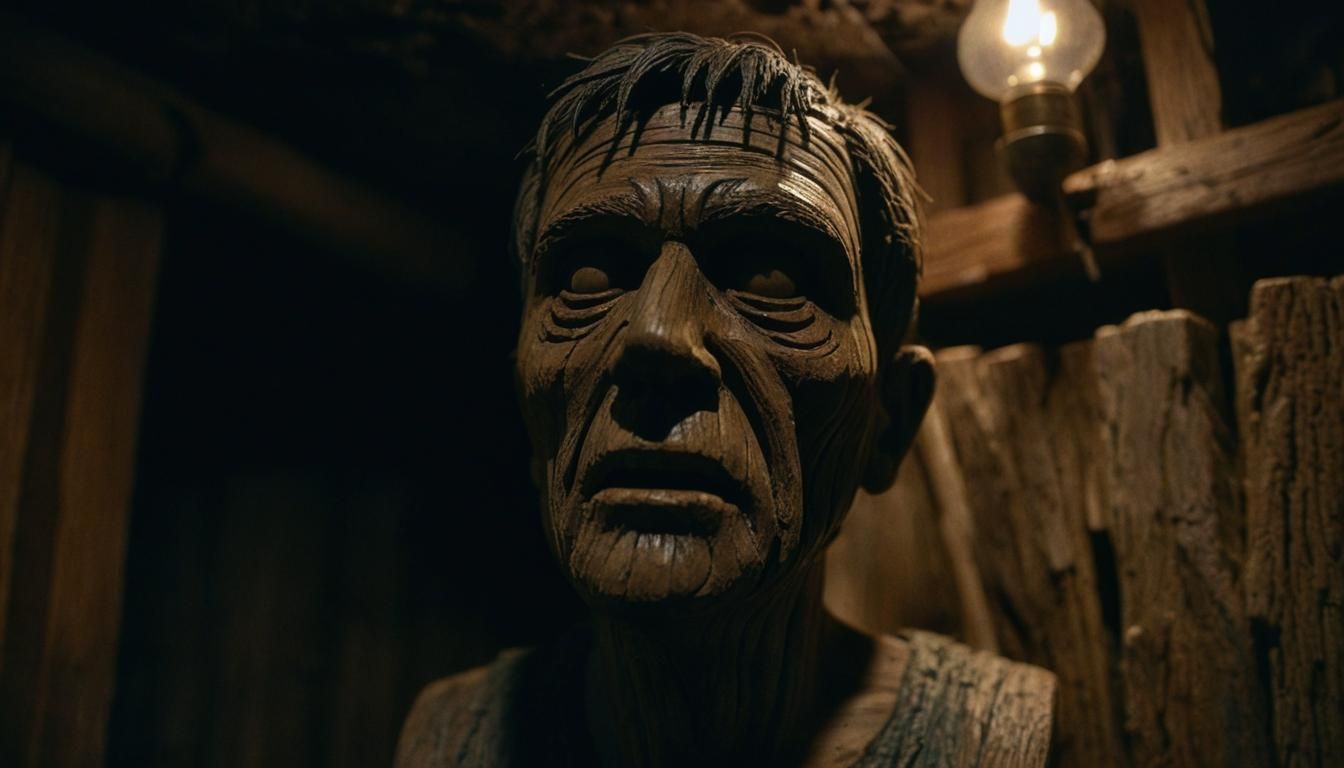 Eerie Wooden Sculpture in a Creepy Basement