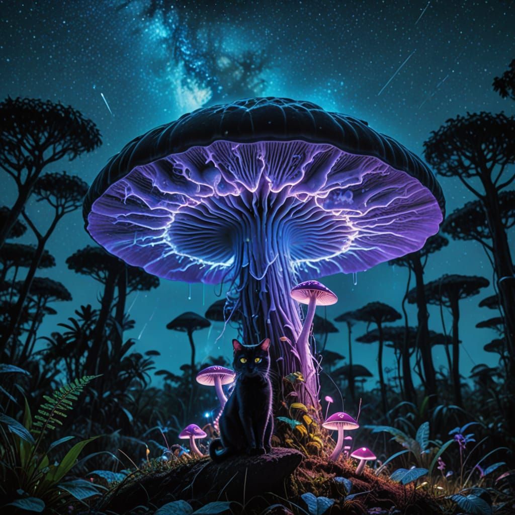 Surreal Alien Jungle Scene with Bioluminescent Mushroom and ...