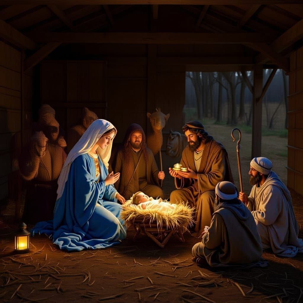 Nativity Scene: Mary, Joseph, Jesus, Kings, and Shepherds Vi...