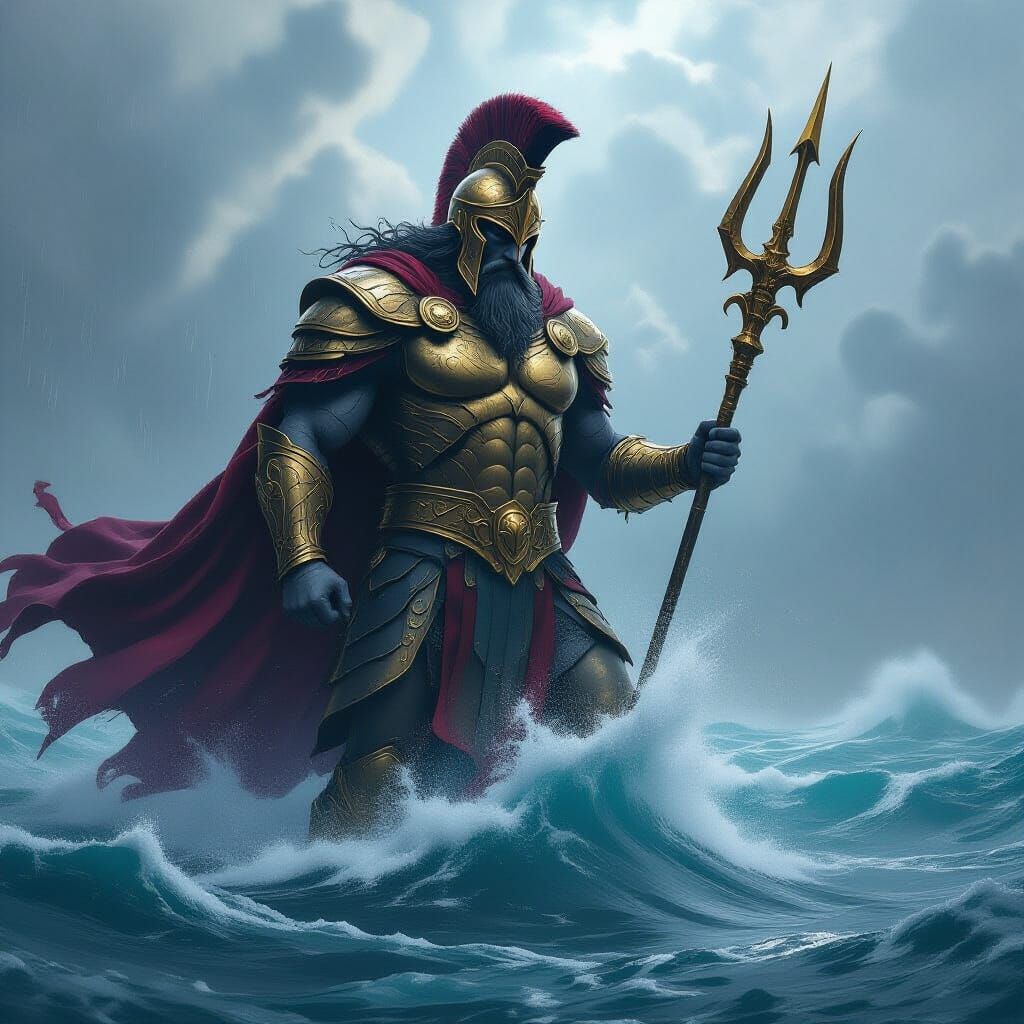 Poseidon Emerges from Stormy Seas in Dark Fantasy Style