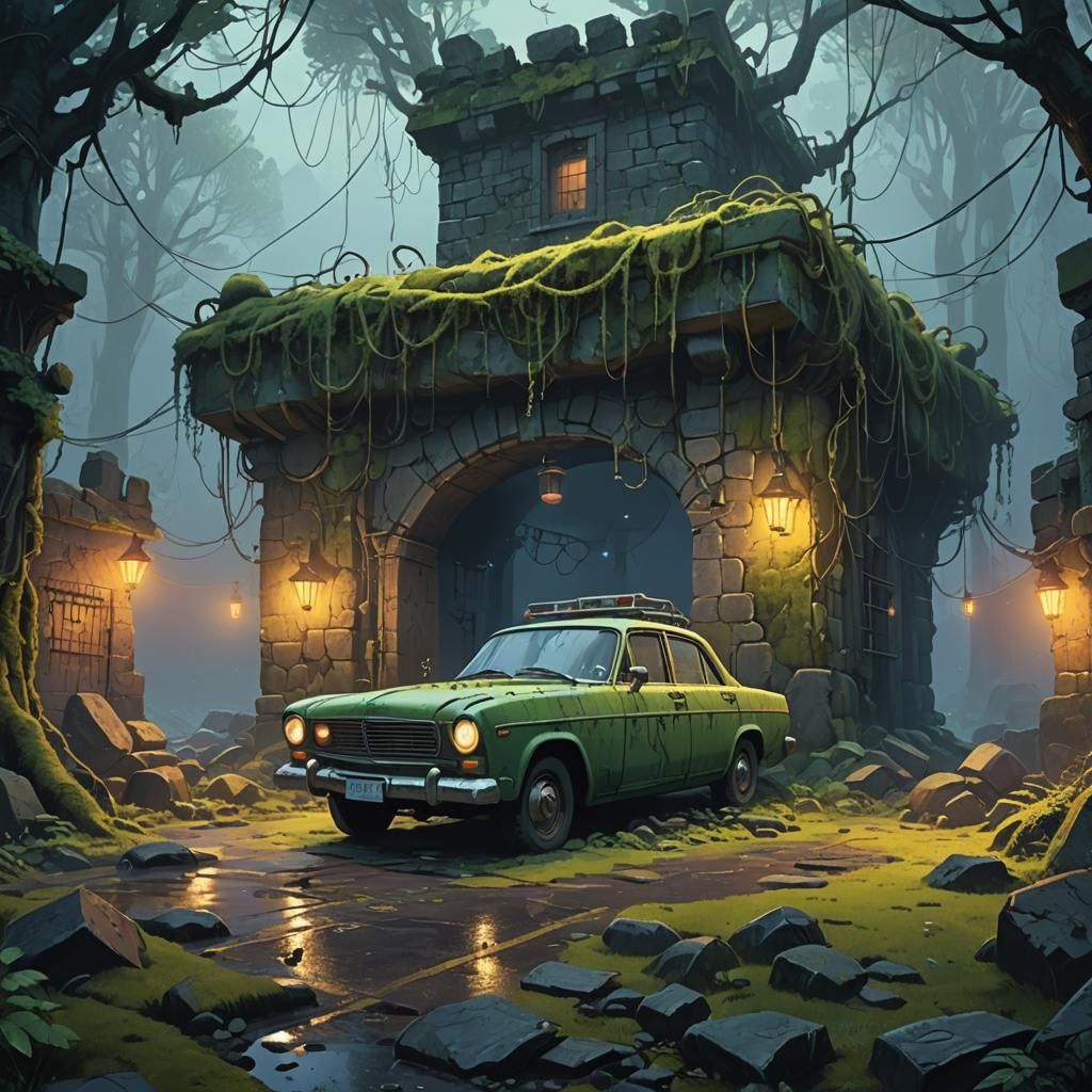 Mystical Car Jail in Atmospheric Digital Art Style