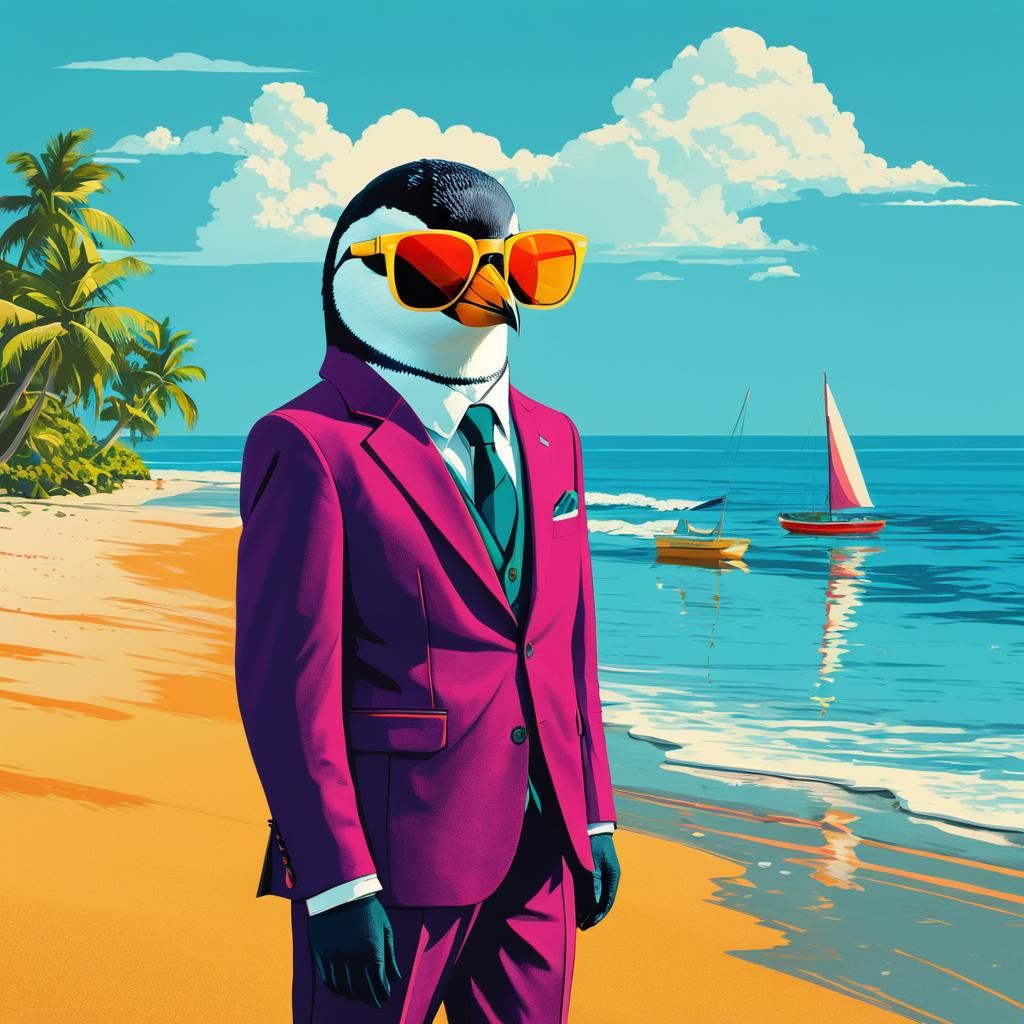 Penguin in Suit on Beach: Pop Art Digital Print