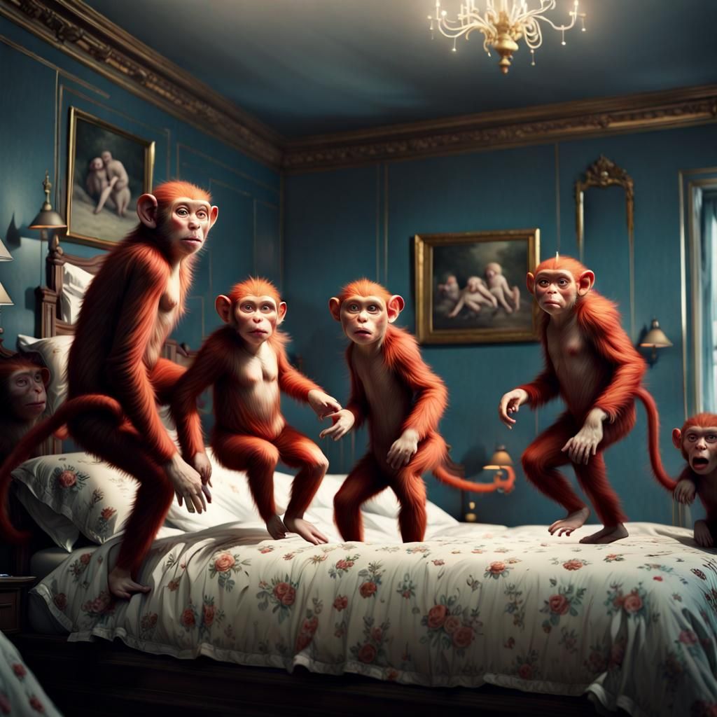 A whole lot of monkeys jumping on the bed