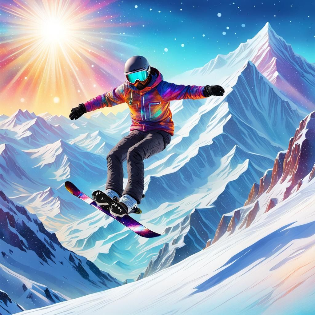 Snowboarder's Cosmic Jump: Astral Holographic Illustration