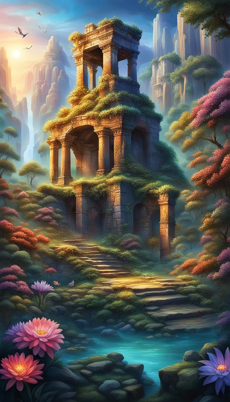 Enchanted Ruins in a Mystical Glowing Realm
