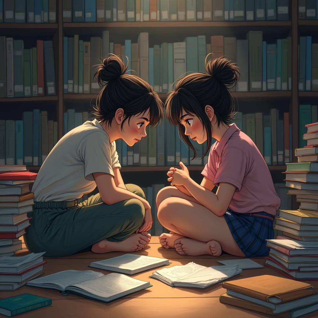 Soothing Library Moment in Whimsical Realism