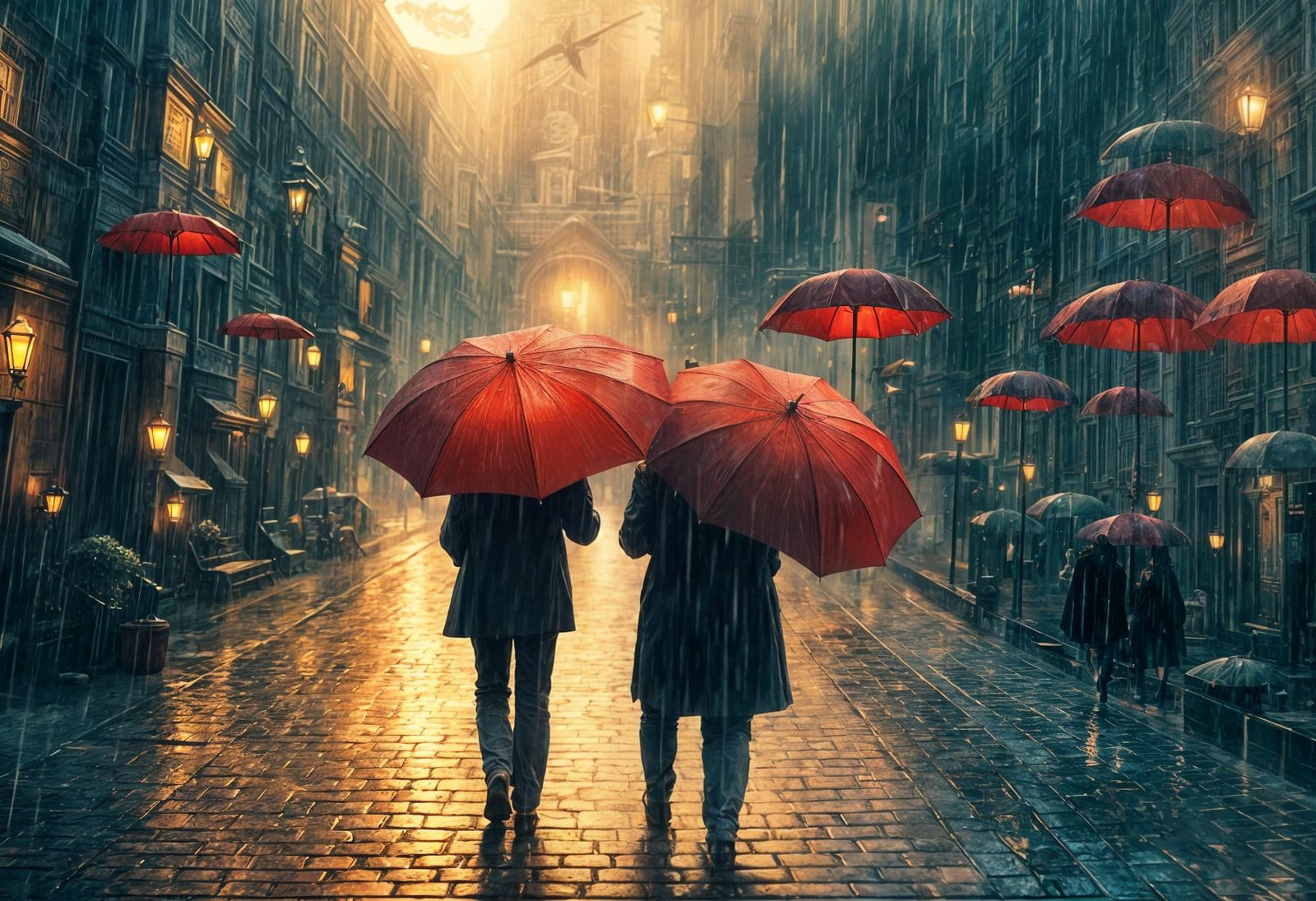 Couple Walks in Rainy Fantasy Landscape
