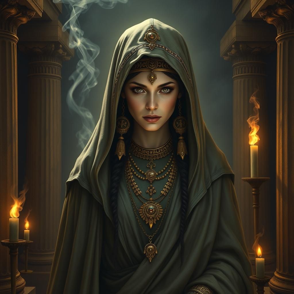 Mystical Egyptian Priestess at the Oracle of Delphi